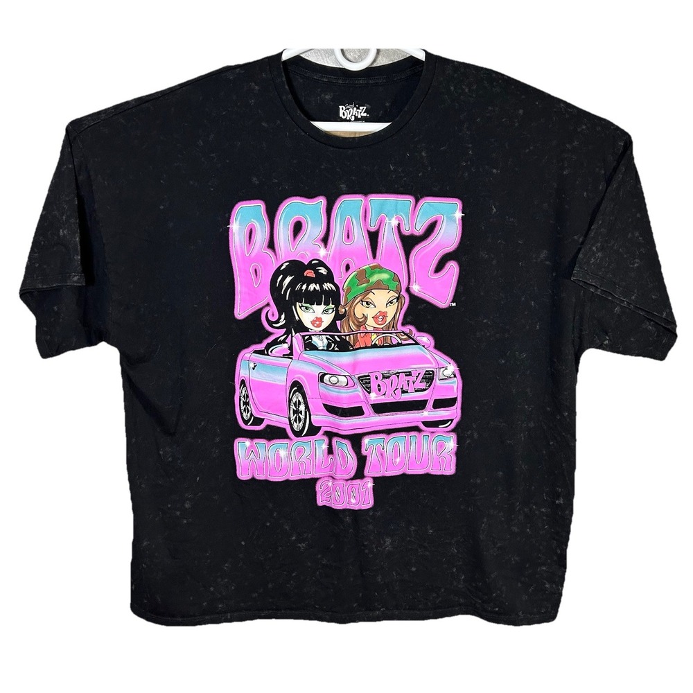 Bratz Graphic T-Shirt Women XL Black Acid Wash Spots Short Sleeve Tour Theme